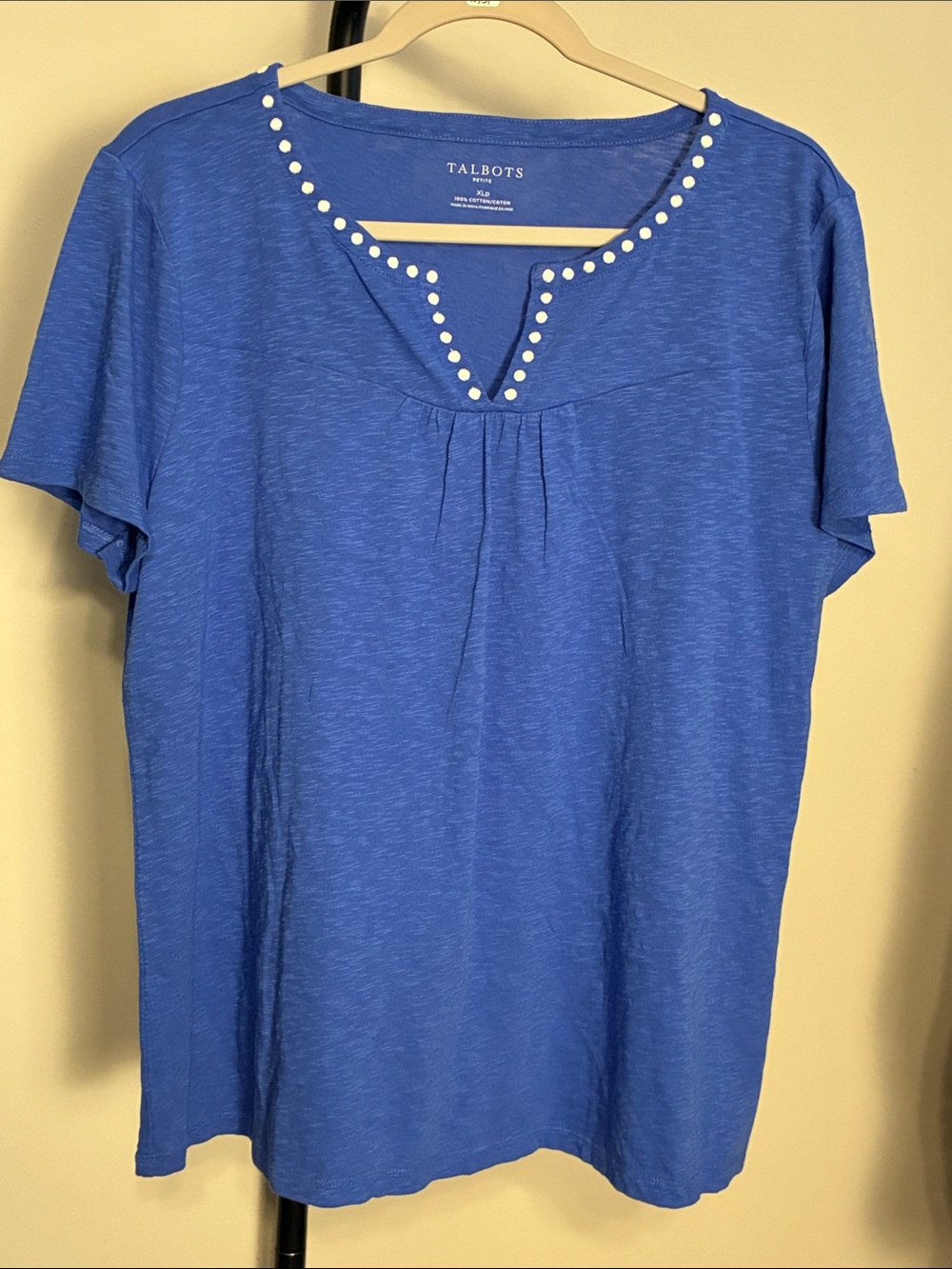 Talbots Cobalt Blue Short Sleeve Tee with Embroidered Polka Dot Neckline XL pet